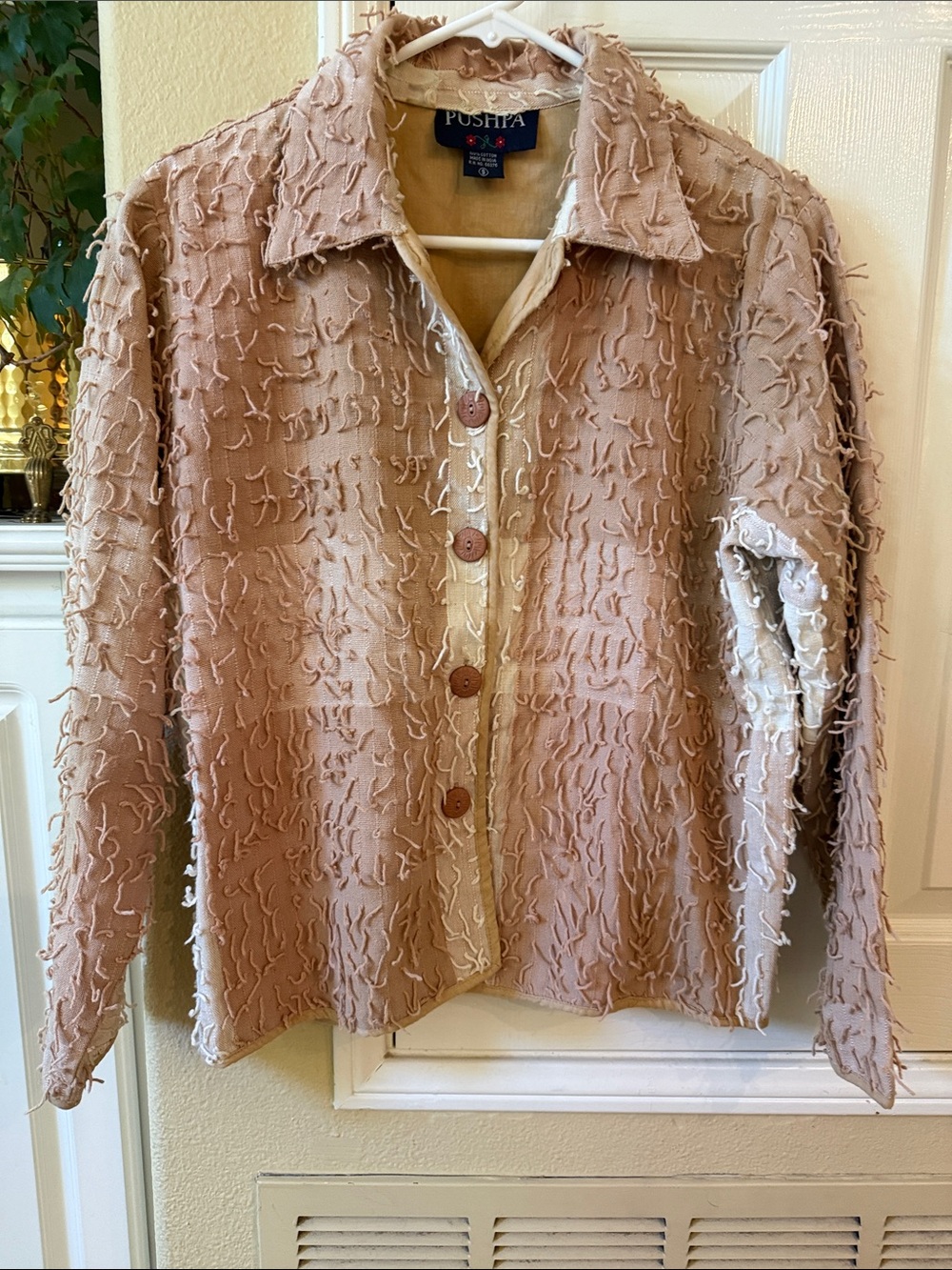 Fringe  Textured Button-Up Top in Blush Tan Beige and white size Small lined